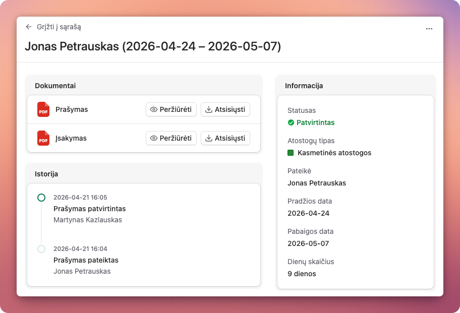 Darbas.app atostogų prašymo peržiūra su darbuotojo vardu, atostogų rūšimi, pasirinktomis datomis, darbo dienų skaičiumi, vadovo patvirtinimo būsena ir susietu atostogų įsakymu