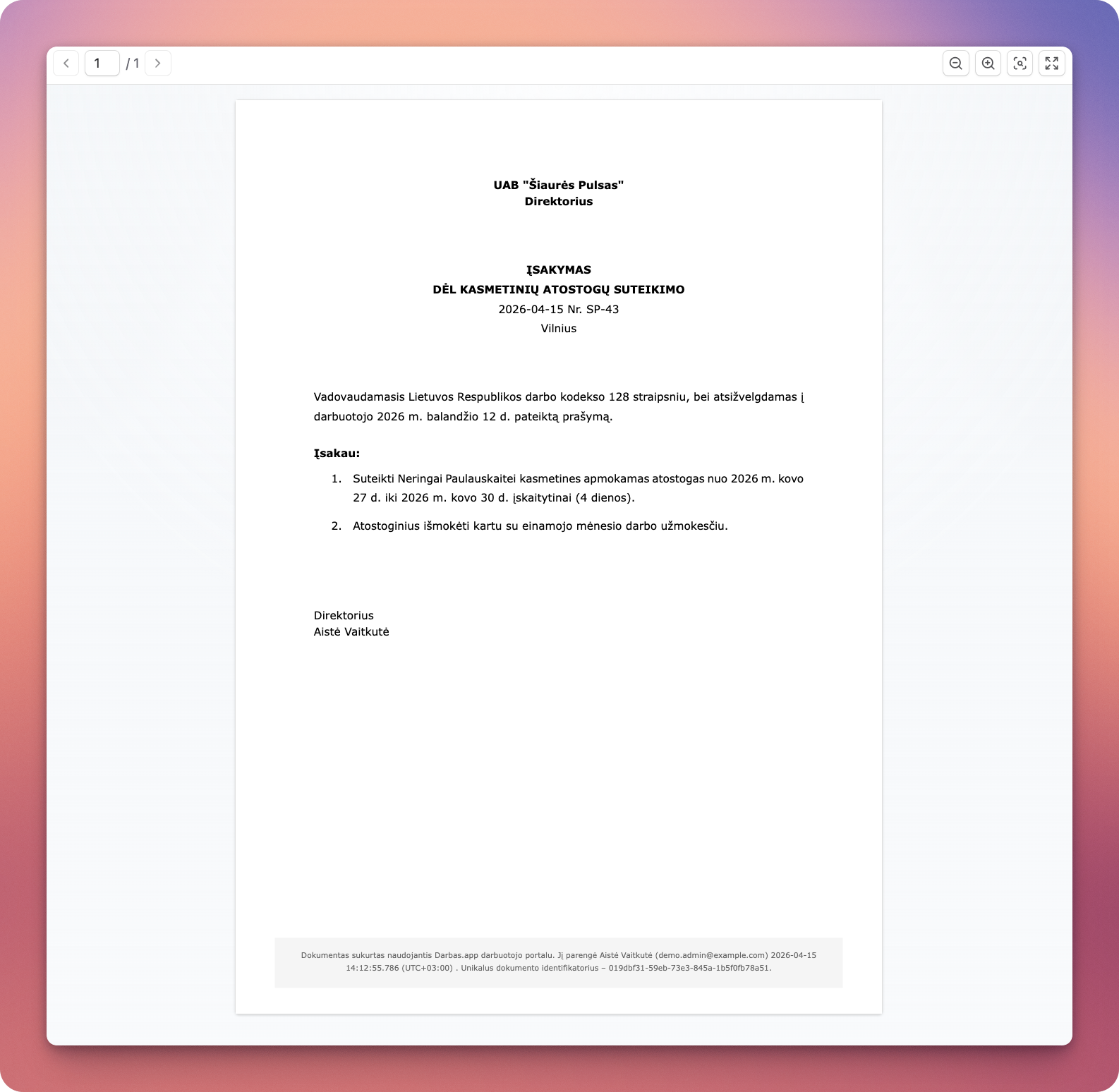 Darbas.app sugeneruoto atostogų įsakymo peržiūra su dokumento numeriu, pasirašančiu asmeniu, atostogų suteikimo punktu, pavedimu buhalterijai, sukūrimo laiku ir unikaliu dokumento identifikatoriumi