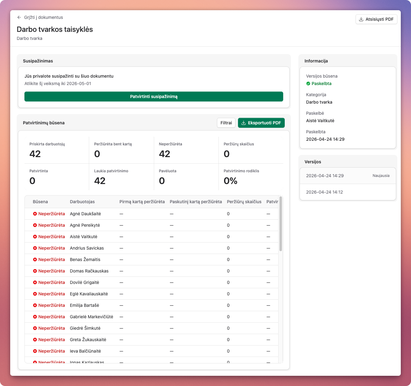 Darbas.app vidaus dokumento puslapis su darbuotojų susipažinimo būsenomis, patvirtinimo datomis ir laukiančių patvirtinimų sąrašu
