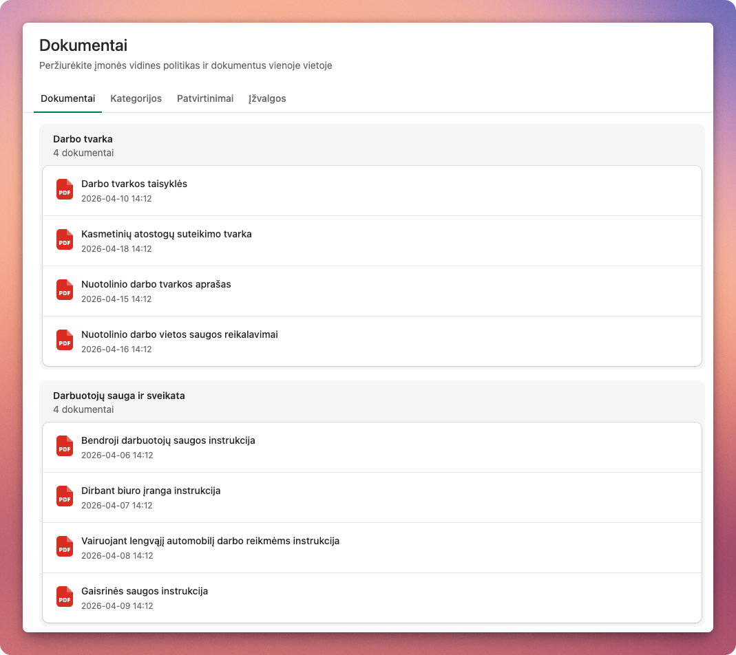 Darbas.app darbuotojo dokumentų skiltis su priskirtais vidaus dokumentais, versijomis, susipažinimo datomis ir patvirtinimo būsena