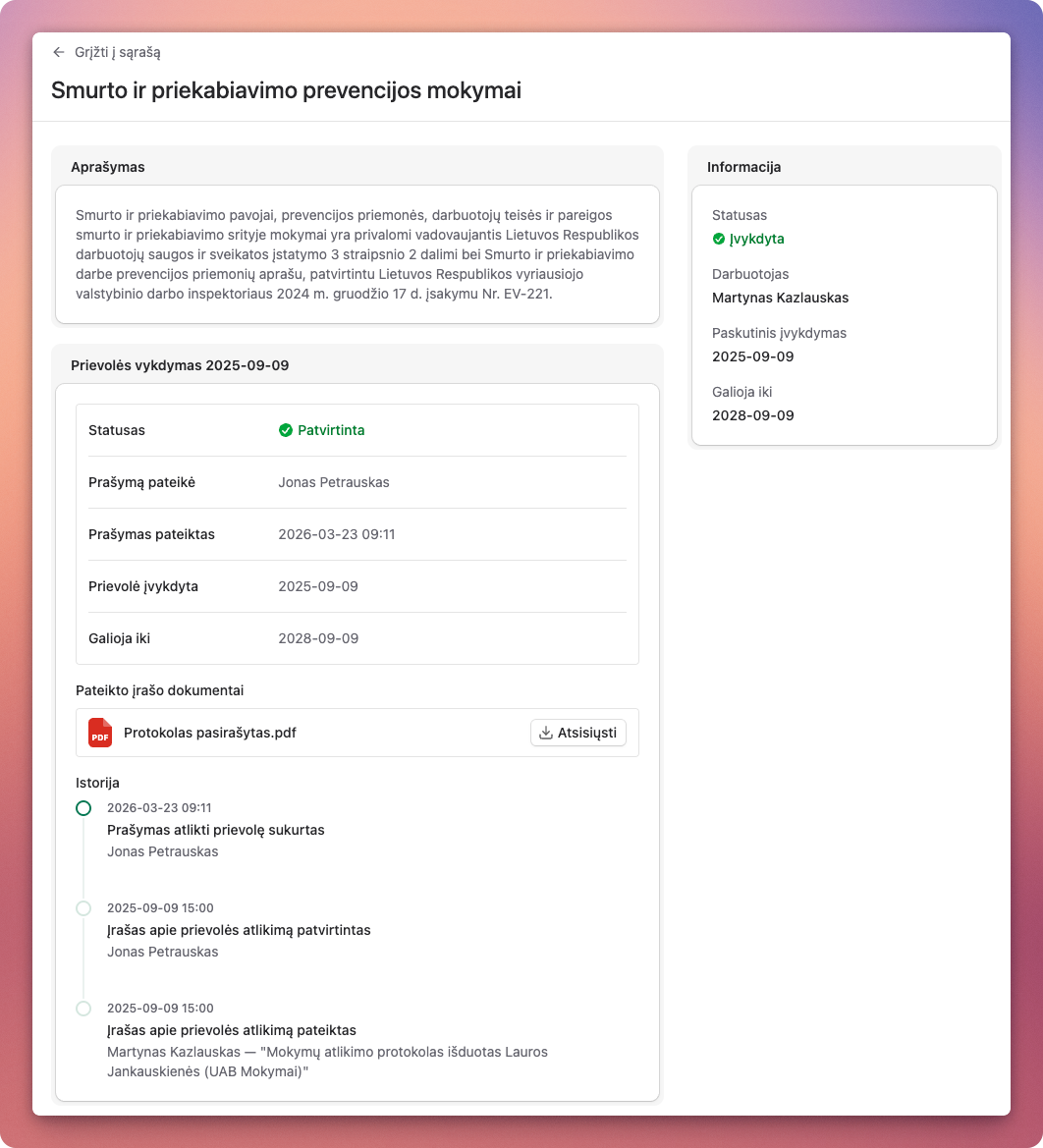 Darbas.app smurto ir priekabiavimo prevencijos mokymų prievolės įrašas su būsena, terminu, dokumentais ir susijusia informacija