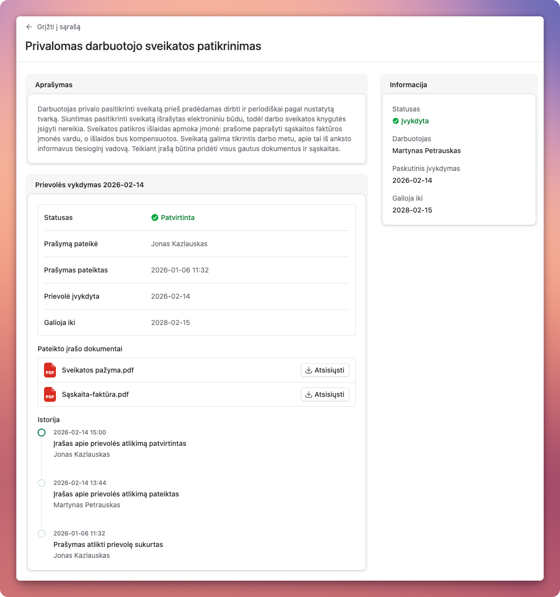Darbas.app darbuotojo sveikatos patikrinimo įrašas su būsena, galiojimo terminu, dokumentais ir susijusia informacija